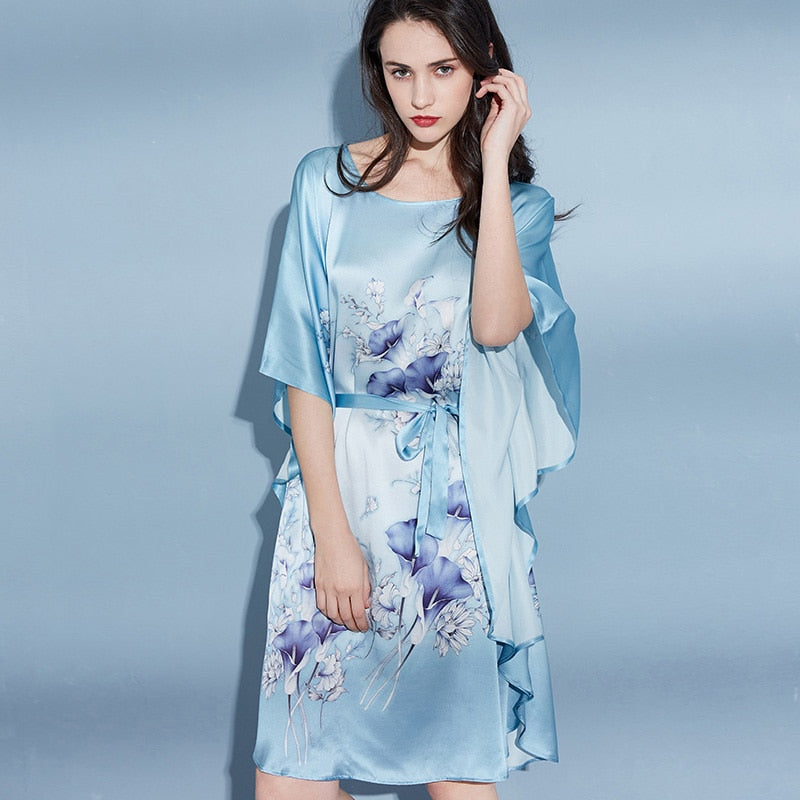 100% Real Pure Silk Nightgown Women Sleeping Dress Round Neck 16m/m Nightdress Thin Loose Print Natural Silk Nightwear Freesize