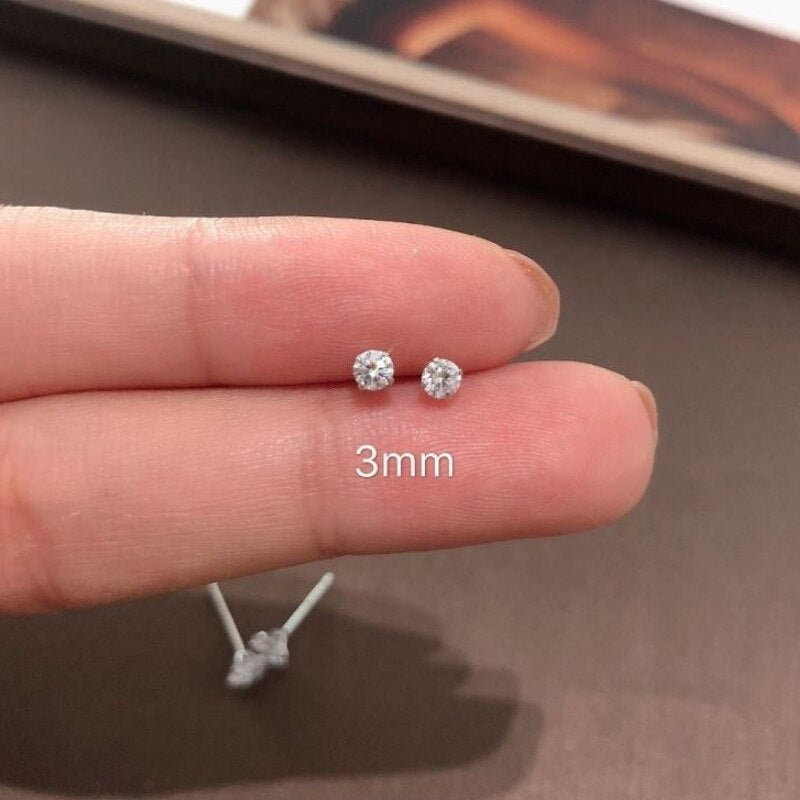 100% Real 925 Sterling Silver Jewelry Women Fashion Cute Tiny Clear Crystal CZ Stud Earrings Gift for Girls Teens Lady