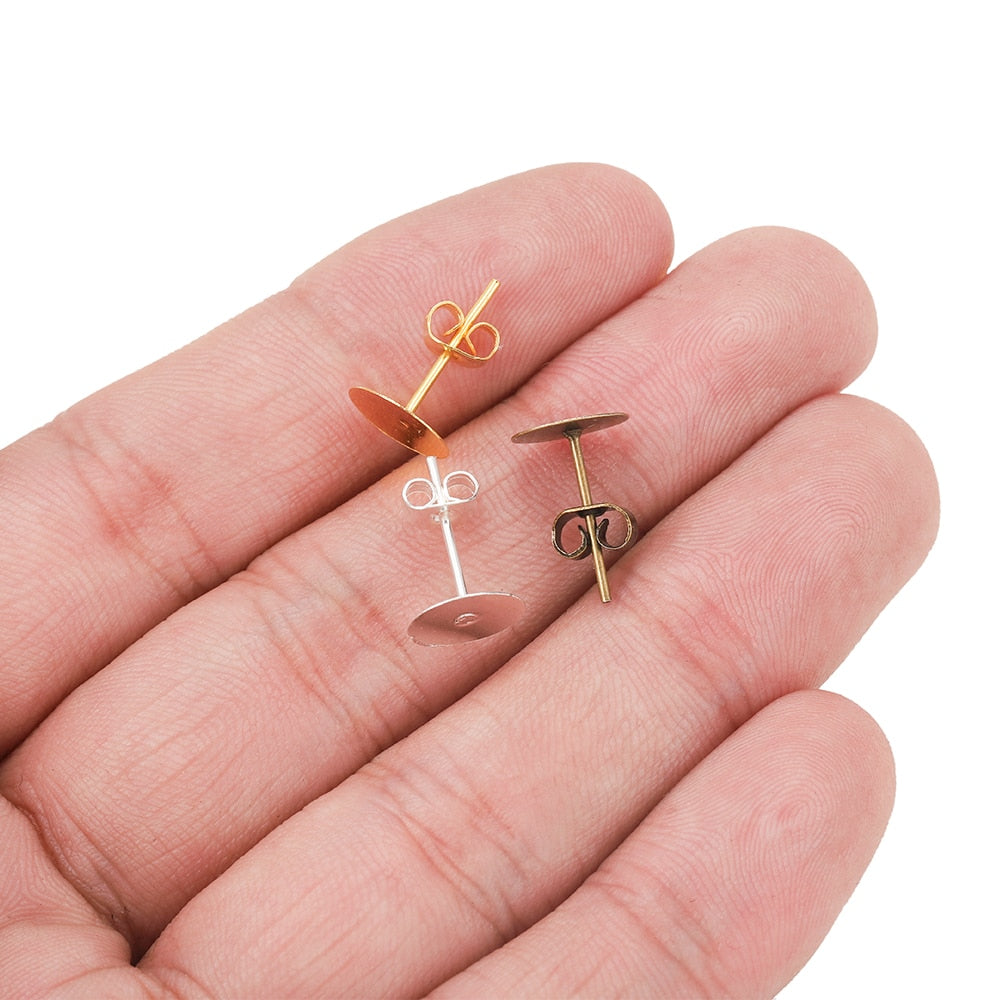 100pcs/lot 4-10mm Bronze Rhodium KC Gold Metal Blank Post Earring Studs Base Pins With Earring Plug Ear Back For Jewelry Makings