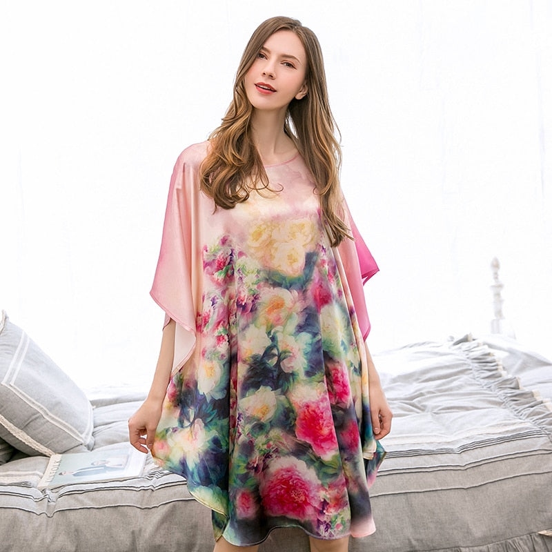 100% Real Pure Silk Nightgown Women Sleeping Dress Round Neck 16m/m Nightdress Thin Loose Print Natural Silk Nightwear Freesize