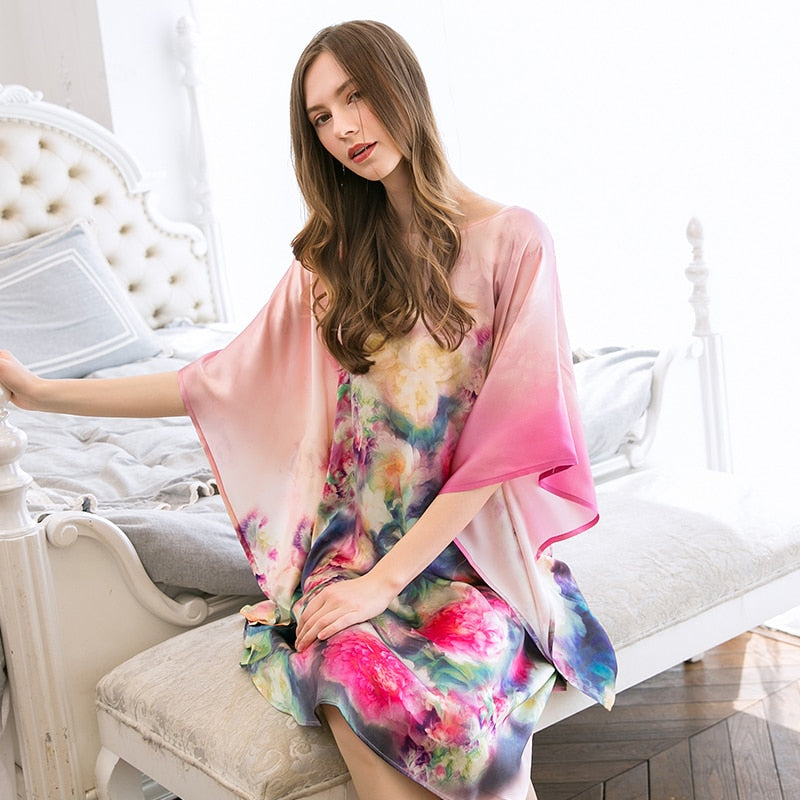 100% Real Pure Silk Nightgown Women Sleeping Dress Round Neck 16m/m Nightdress Thin Loose Print Natural Silk Nightwear Freesize