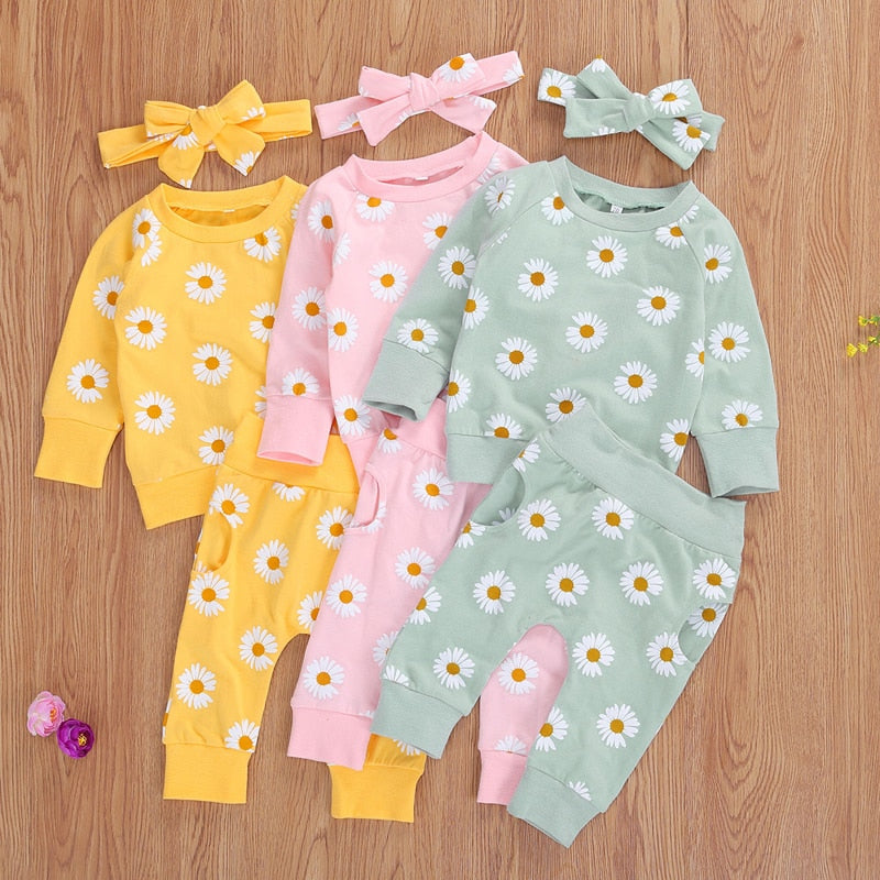 0-24M Toddler Newborn Infant Baby Girl Autumn Clothing Set  Daisy Printed Cotton Top Long pants 2Pcs Outfits 3Colors