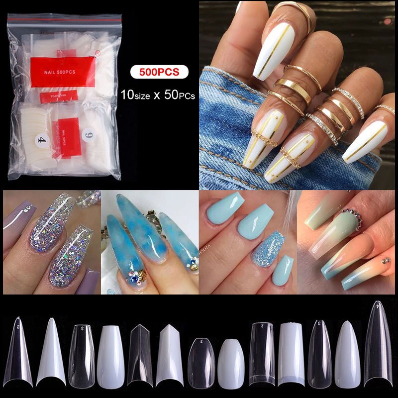 100/500PCS PRO White Clear V Straight Round End Full/Half Acrylic Ballet Coffin French False Nail Tips Fake Toenail Tip Manicure