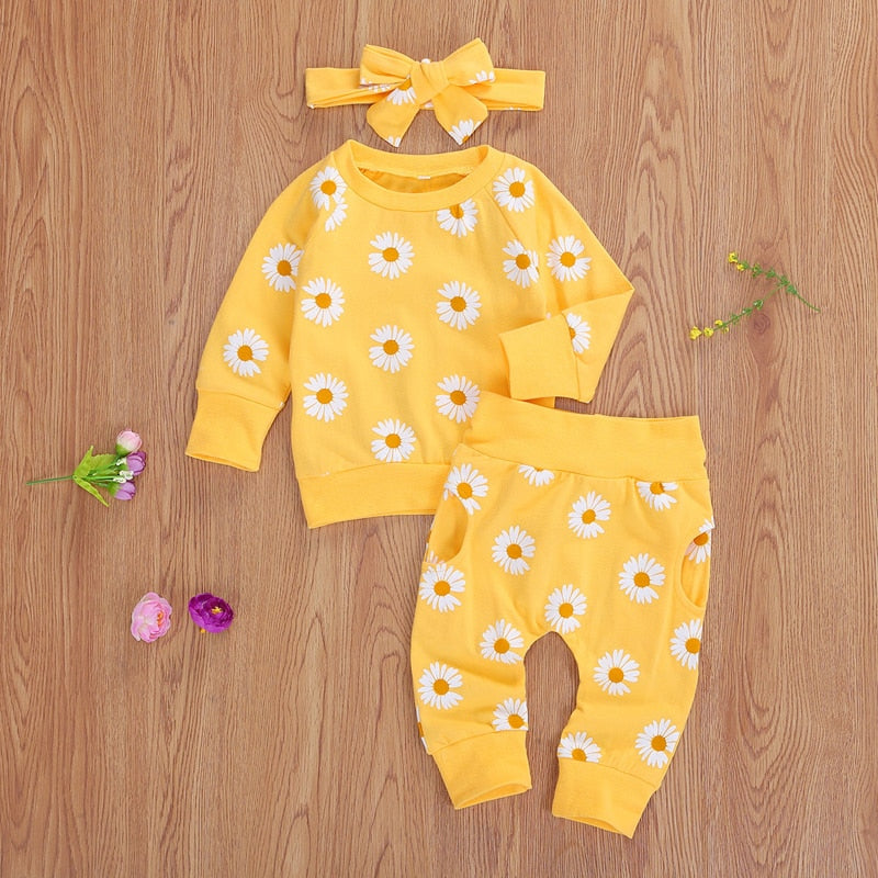 0-24M Toddler Newborn Infant Baby Girl Autumn Clothing Set  Daisy Printed Cotton Top Long pants 2Pcs Outfits 3Colors