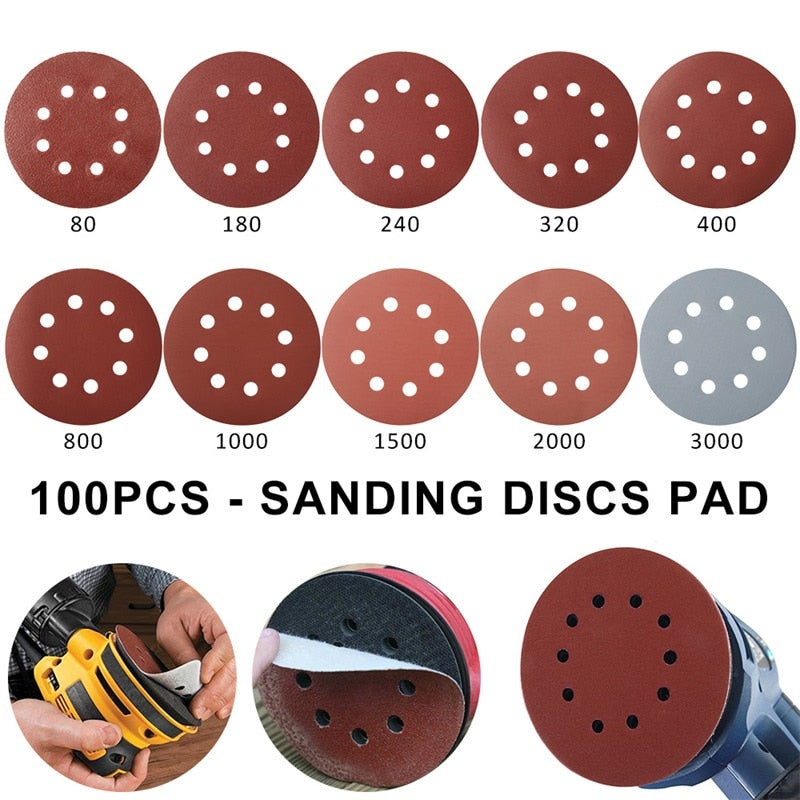 100/60pcs 125mm Sandpaper Round Shape Sanding Discs Hook Loop Sanding Paper Buffing Sheet Sandpaper 8 Hole Sander Polishing Pad