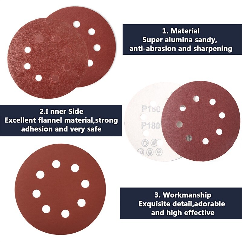 100/60pcs 125mm Sandpaper Round Shape Sanding Discs Hook Loop Sanding Paper Buffing Sheet Sandpaper 8 Hole Sander Polishing Pad