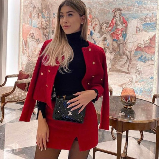 xikom 2021 Tweed Two pieces set Women red Vintage O Neck Long Sleeve Office Lady slim Blazer Coat Female Hight Waist skirt suit