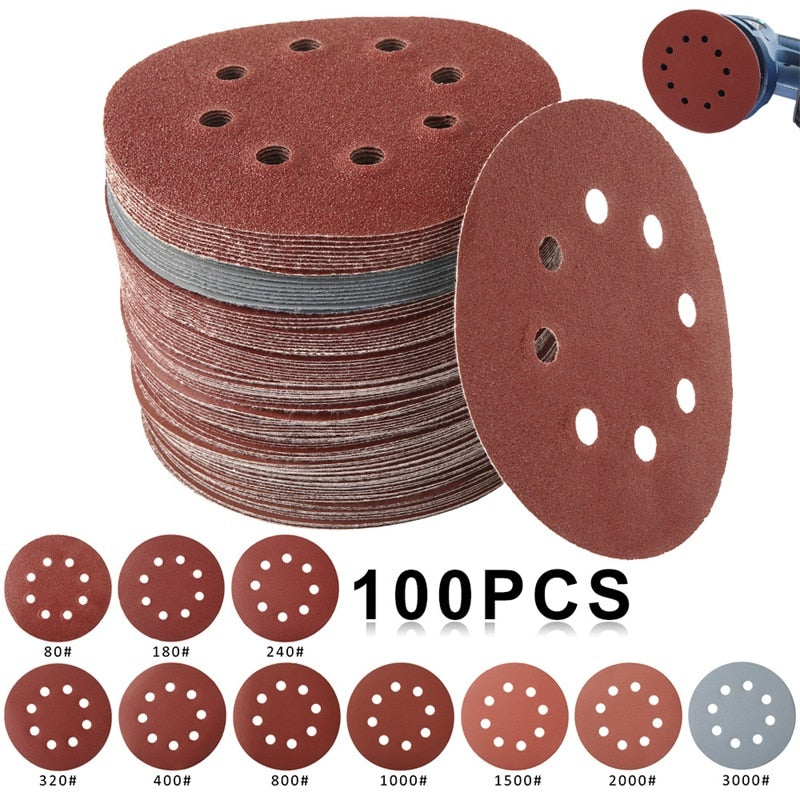 100/60pcs 125mm Sandpaper Round Shape Sanding Discs Hook Loop Sanding Paper Buffing Sheet Sandpaper 8 Hole Sander Polishing Pad